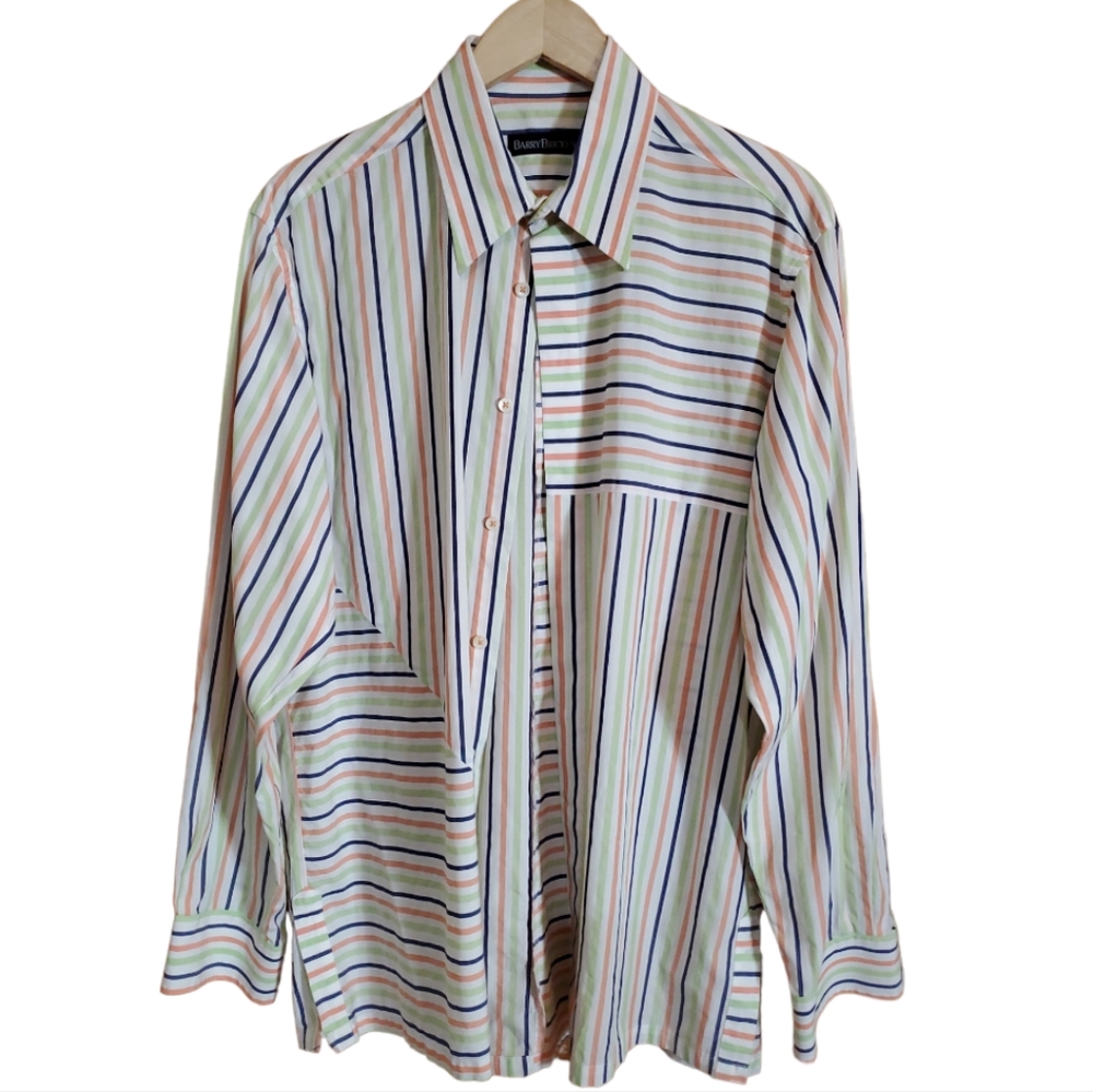 VINTAGE BARRY BRICKEN L PINK GREEN & BLUE STRIPPED LONGSLEVE BUTTON DOWN SHIRT